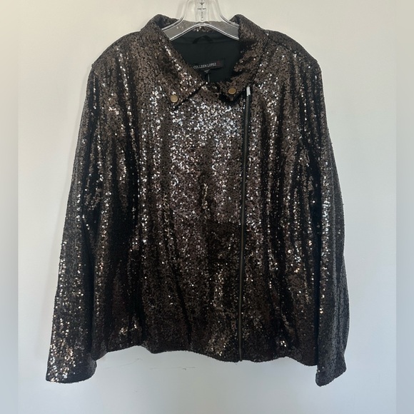 Colleen Lopez Jackets & Blazers - NWT Colleen Lopez Espresso Sequin Moto Jacket Sparkly Biker Blazer Size 3X